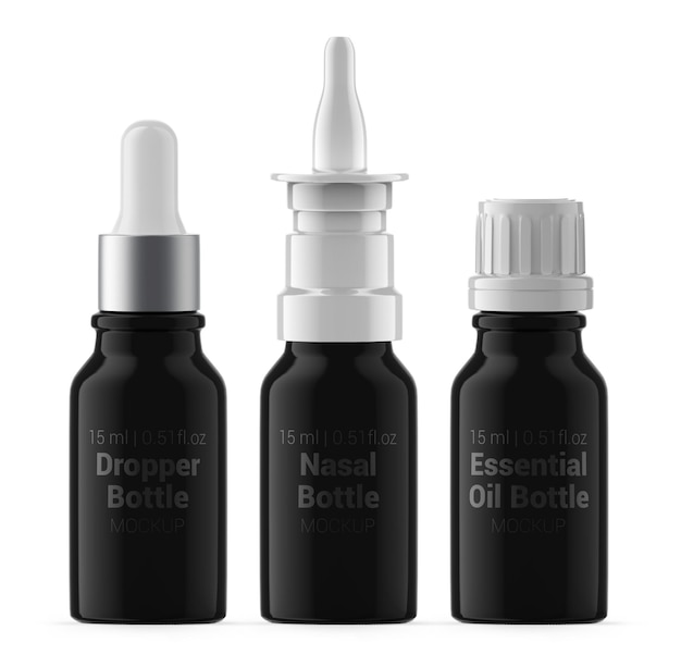 PSD 15 ml zwarte uv-glazen flessen neusspray etherische olie en druppelfles mockup