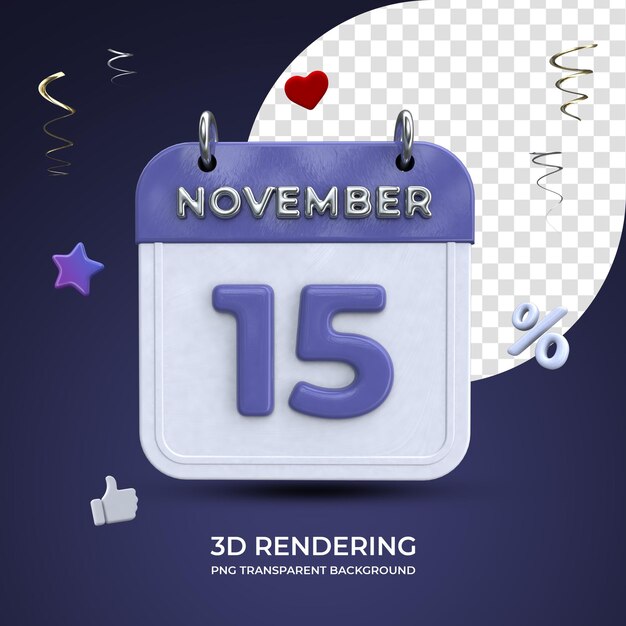 15 november calendar 3d rendering isolated transparent background