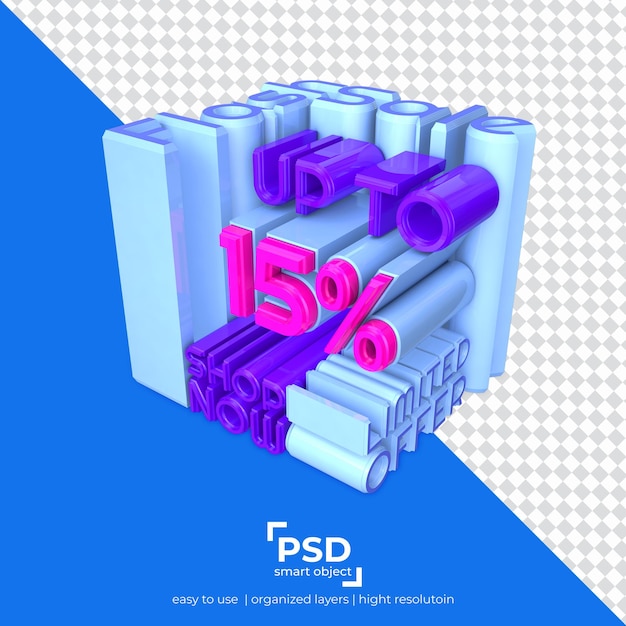 15 percent discount in 3d best render with typography arrangement