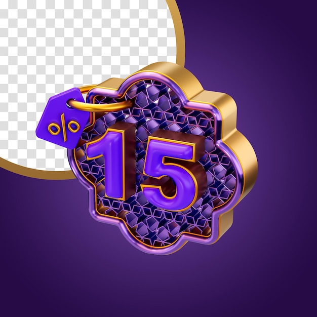 PSD 15 percent discount promotional tag icon 3d render concept ramadan and eid online sell offer badge