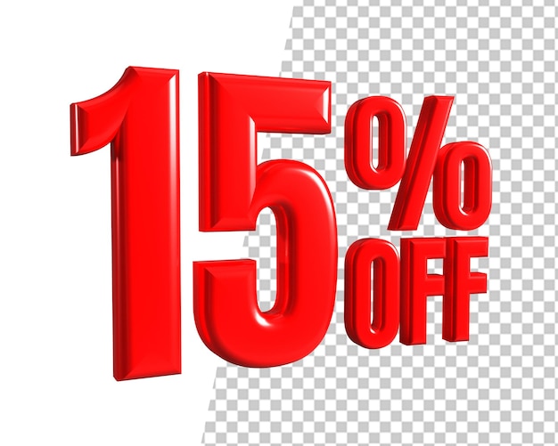 PSD 15 percent off fifteen sale red icon 3d render