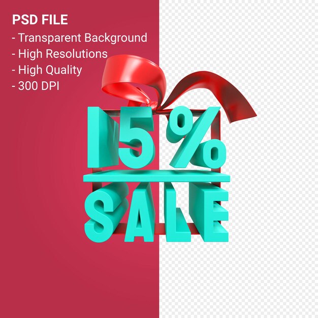 15 percent sale with bow and ribbon 3d design isolated