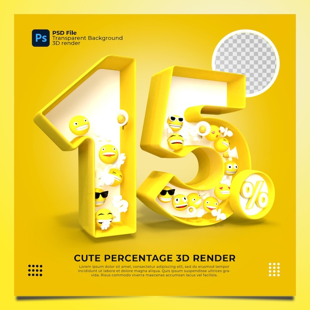 15 percentuale 3d render giallo con elementi