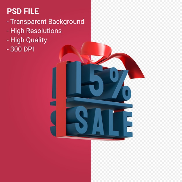 15 percentage sale with bow and ribbon 3d design isolated