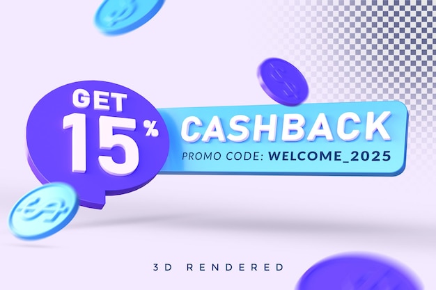 PSD 15 procent cashback 3d-rendering geïsoleerd concept met alfa-achtergrond