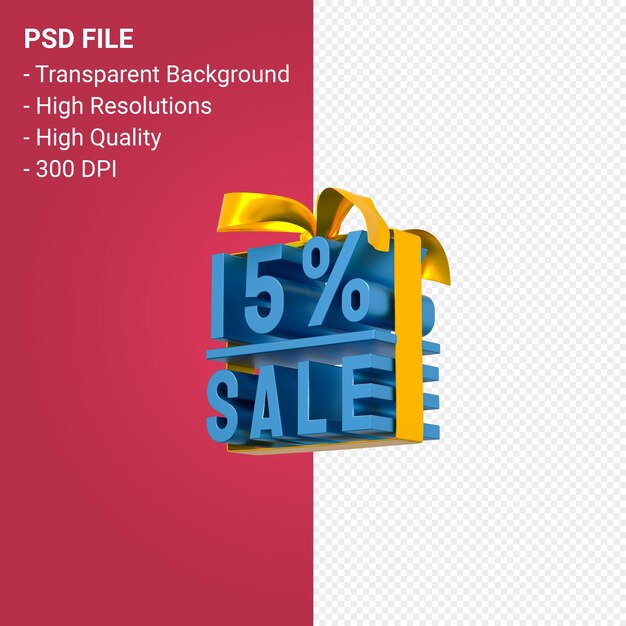 15% sale with bow and ribbon 3d design isolated