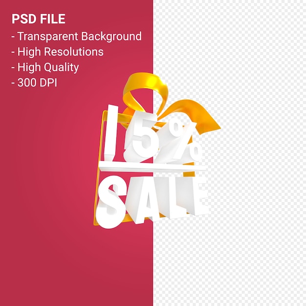 PSD 15% sale with bow and ribbon 3d design isolated