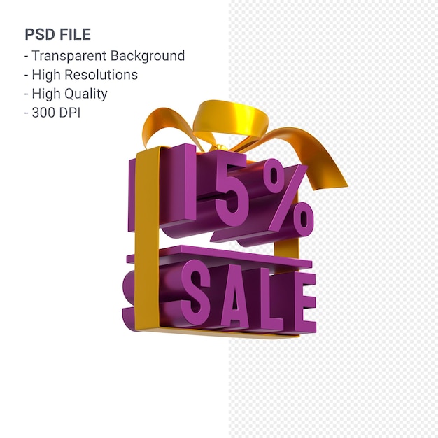 15% sale with bow and ribbon 3d design isolated