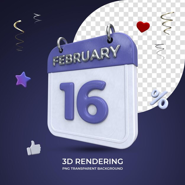 16 februari kalender 3d-rendering geïsoleerde transparante achtergrond
