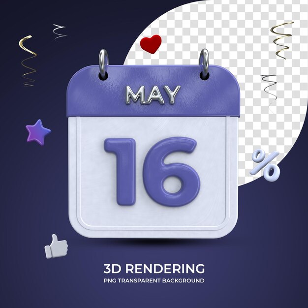 16 maggio calendario rendering 3d isolato sfondo trasparente