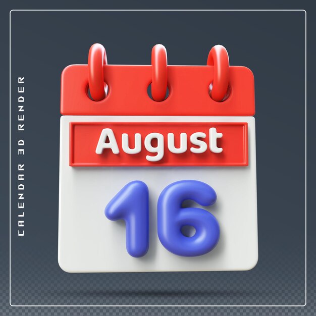 PSD rendering 3d dell'icona del calendario del 16 agosto