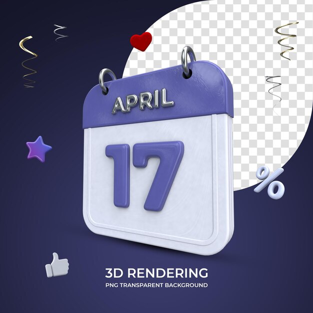 17 april kalender 3d-rendering geïsoleerde transparante background