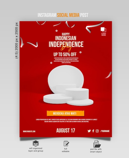 17 august happy indonesia independence day 3d podium product social media post template sale