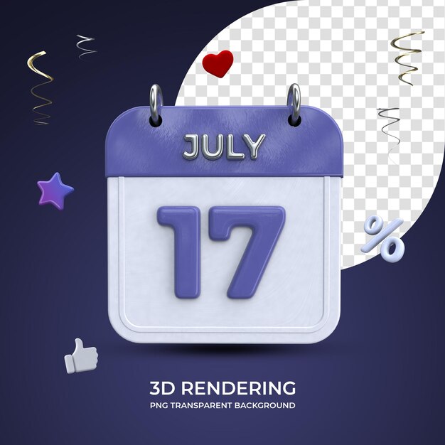 17 juli kalender 3d-rendering geïsoleerde transparante background