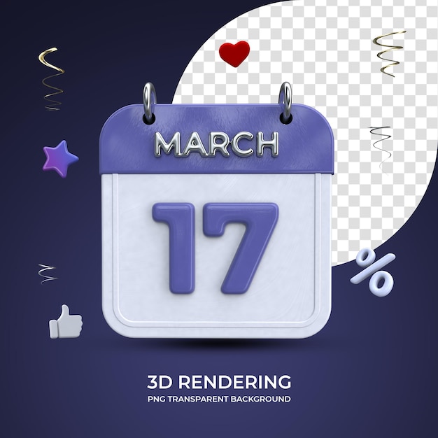 17 maart kalender 3d-rendering geïsoleerde transparante achtergrond