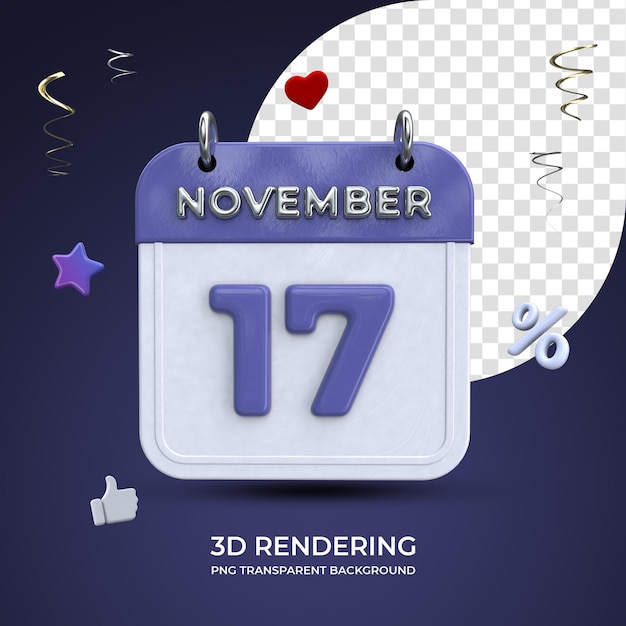 17 novembre calendario rendering 3d isolato sfondo trasparente