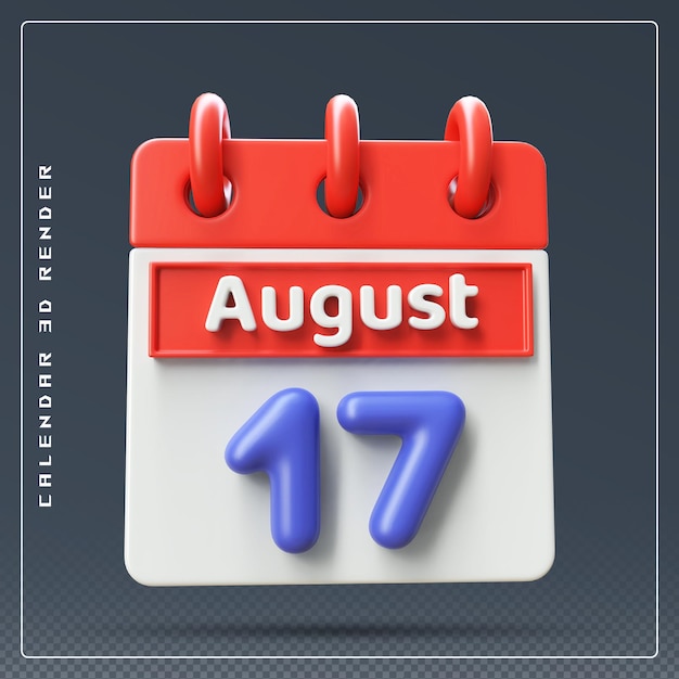 PSD rendering 3d dell'icona del calendario del 17 agosto