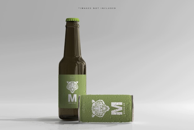 180 ml mini frisdrank of bierblikje en fles met waterdruppels mockups