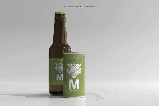 Mini lattina di soda o birra da 180 ml e bottiglia con mockup di gocce d'acqua