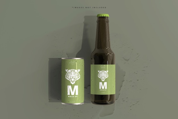 PSD 180ml mini soda or beer can and bottle with water drops mockups