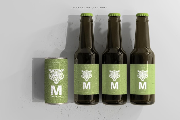 180ml Mini Soda or Beer Can and Bottle with Water Drops Mockups
