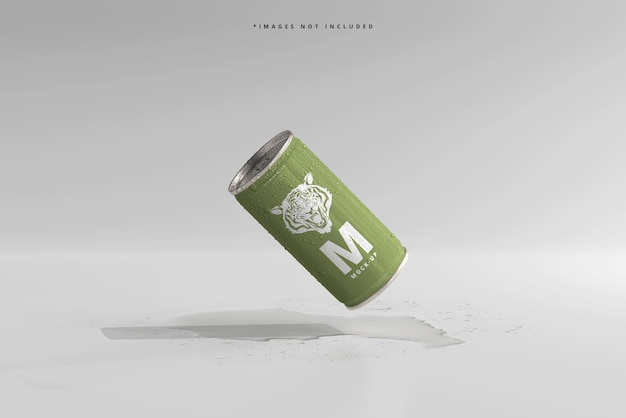 PSD 180ml mini soda or beer can with water drops mockups