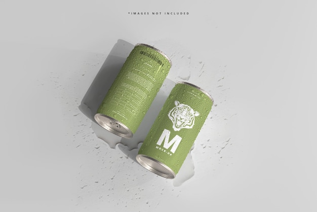 PSD 180ml mini soda or beer can with water drops mockups