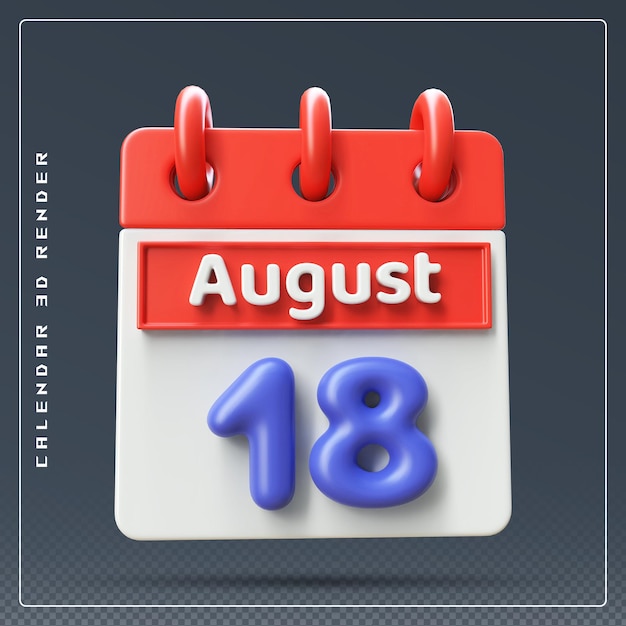 PSD rendering 3d dell'icona del calendario del 18 agosto