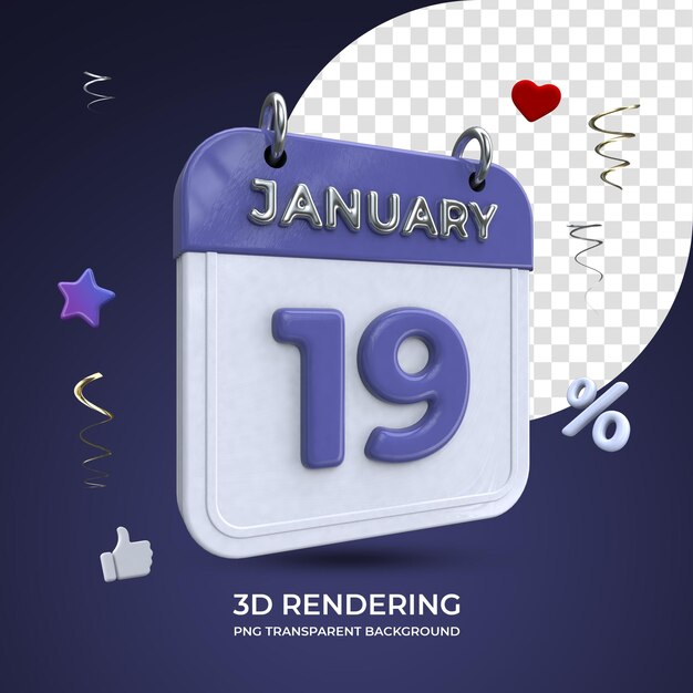 1월 19일 달력 3d 렌더링 절연 투명 배경