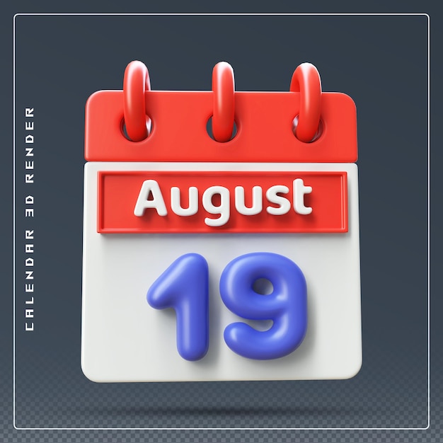 PSD rendering 3d dell'icona del calendario del 19 agosto