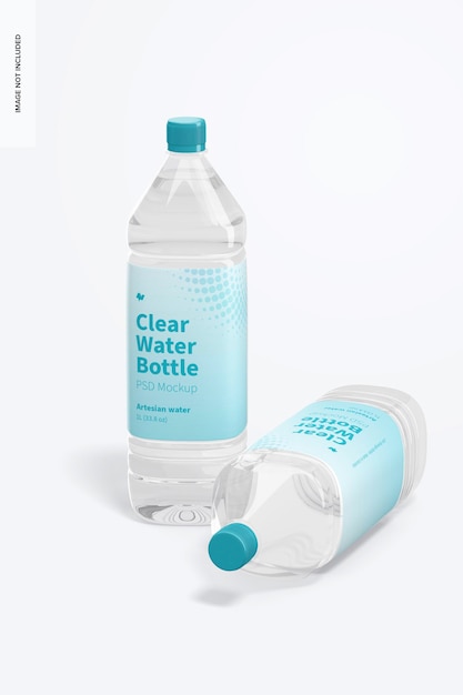 1l clear water bottles mockup, standing and dropped