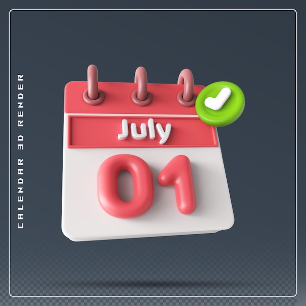 Calendario del 1° luglio con icona del segno di spunta rendering 3d