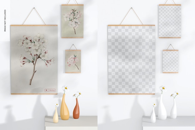 PSD 2:3 wooden frame poster hanger set mockup, with vases