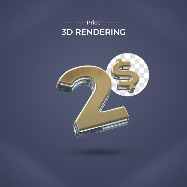 PSD 2 dollars 3d rendering with transparent background