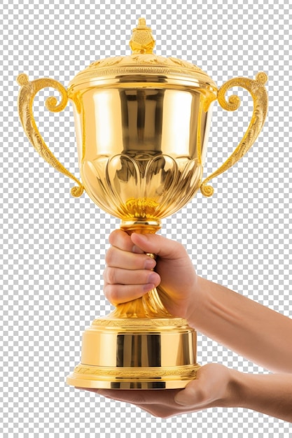 PSD 2 mani che danno trofeo d'oro isolato su sfondo trasparente