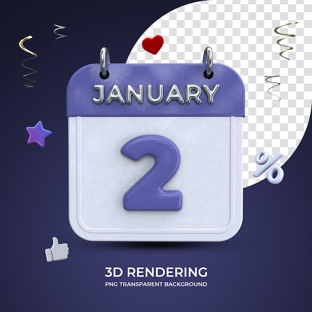 2 january calendar 3d rendering