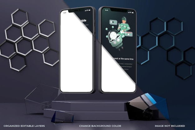 2 smartphones op een podium zeshoekige ontwerpen en donkere modus van glazen kubussen