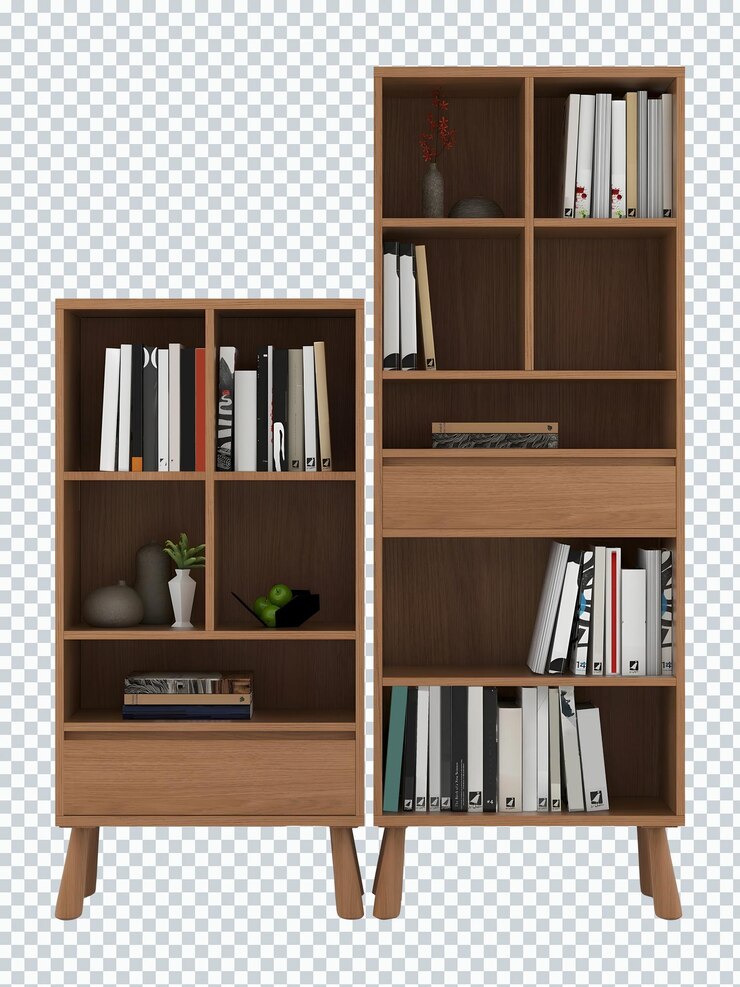 2 wooden bookshelves mockup isolated. Transparent.