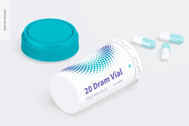 20 dram vial with reversible cap mockup, isometric opened view