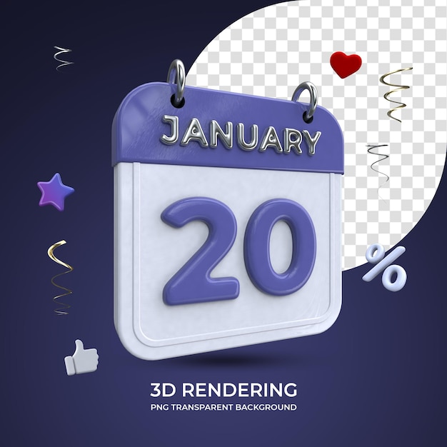 1월 20일 달력 3d 렌더링 절연 투명 배경