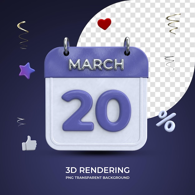 20 march calendar 3d rendering isolated transparent background