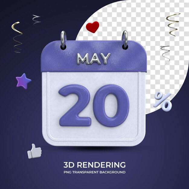 20 mei kalender 3d-rendering geïsoleerde transparante background