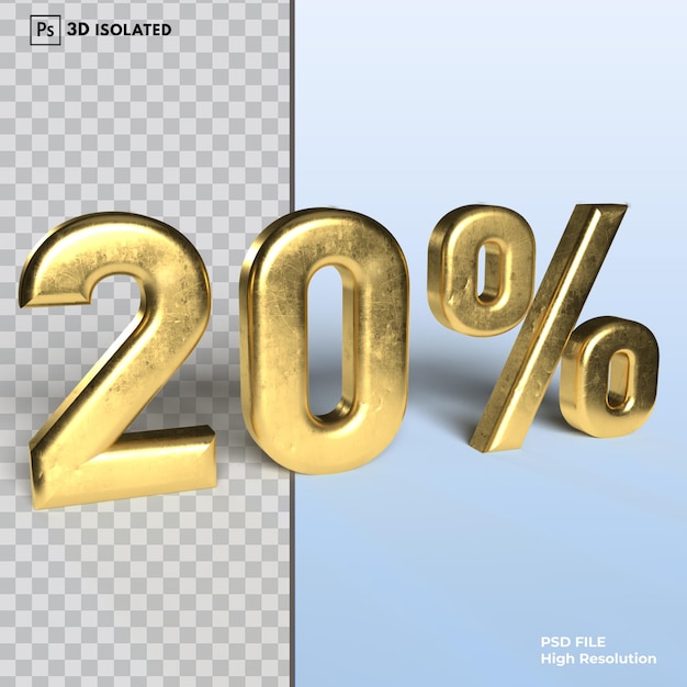 20 nummer korting Percentage 3D-rendering geïsoleerd op transparante achtergrond Psd
