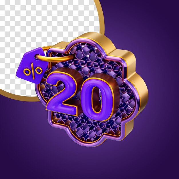 PSD 20 percent discount promotional tag icon 3d render concept ramadan and eid online sell offer badge