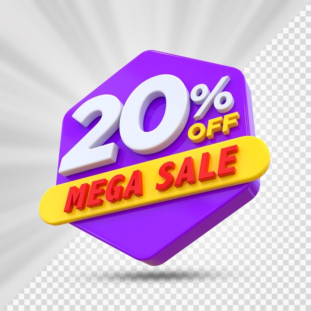 PSD 20 percent mega sale off 3d render