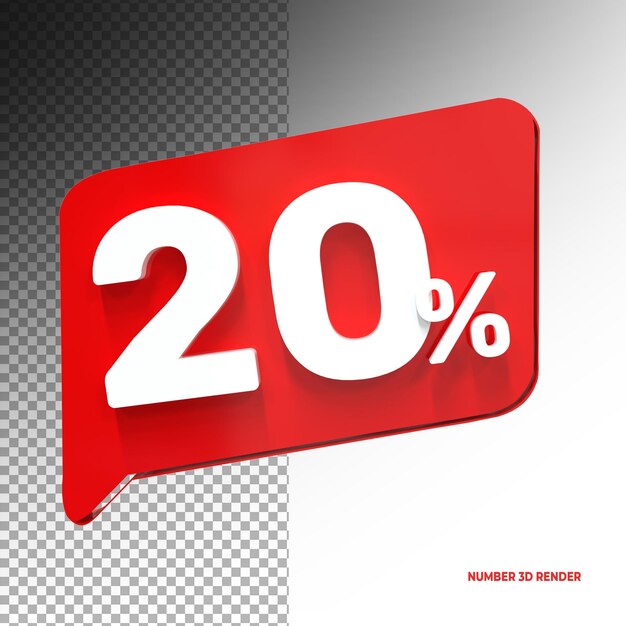 20 percento di sconto sul simbolo di vendita 3d realizzato con rendering 3d rosso realistico