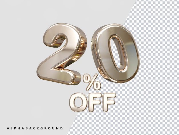 PSD 20 percent off discount sale 3d rendering text illustration