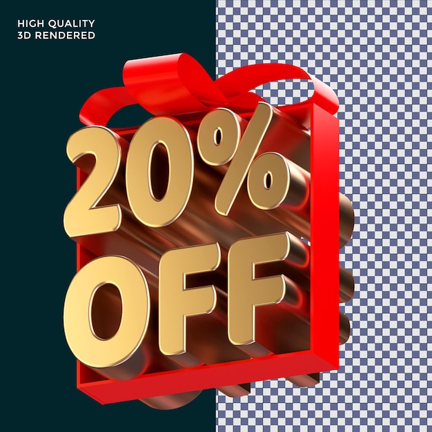 PSD 20 percent off text wrapping with red ribbon 3d rendering isolated concept for promotion