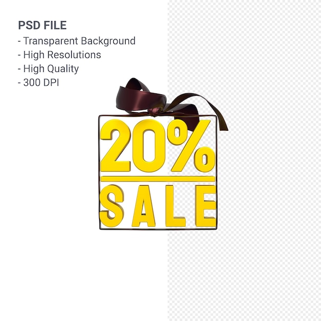 PSD 20 percentage sale with bow and ribbon 3d design isolated