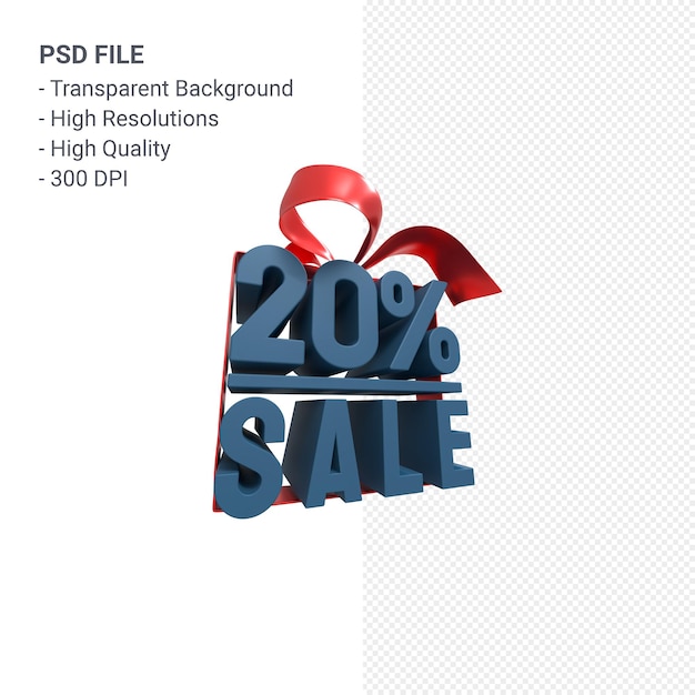 PSD 20% sale with bow and ribbon 3d design isolated